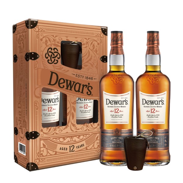 Dewars 12年 威士忌禮盒 x 雙入不鏽鋼杯皮套組